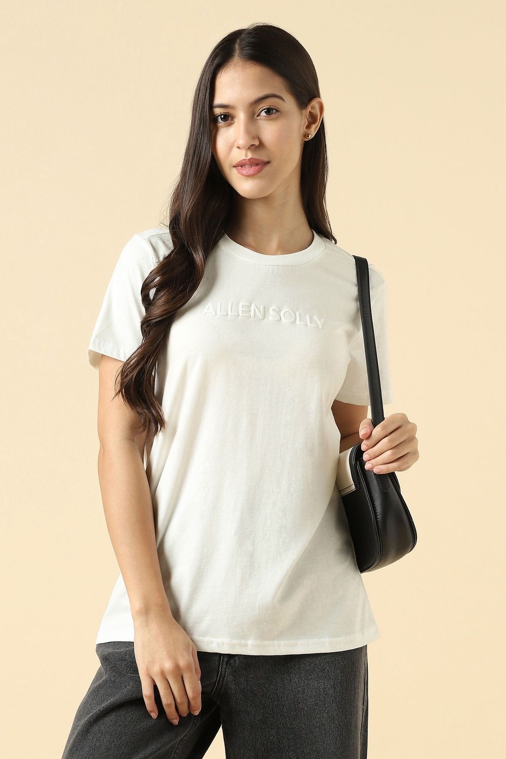 allen solly Women Solid Round Neck Pure Cotton White T-Shirt-picture-19