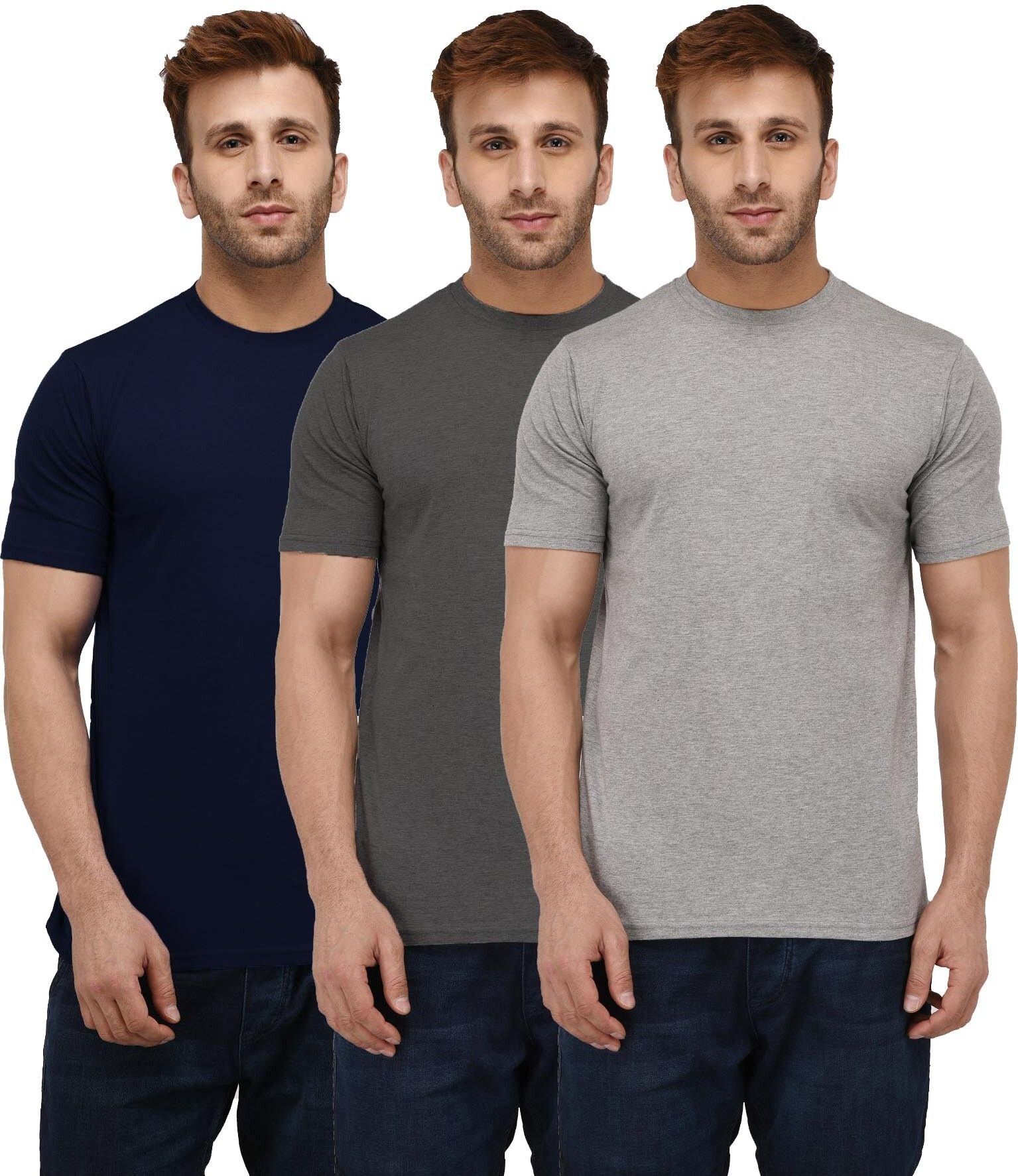 london hills Pack of 3 Men Solid Round Neck Cotton Blend Dark Blue, Grey T-Shirt-picture-11