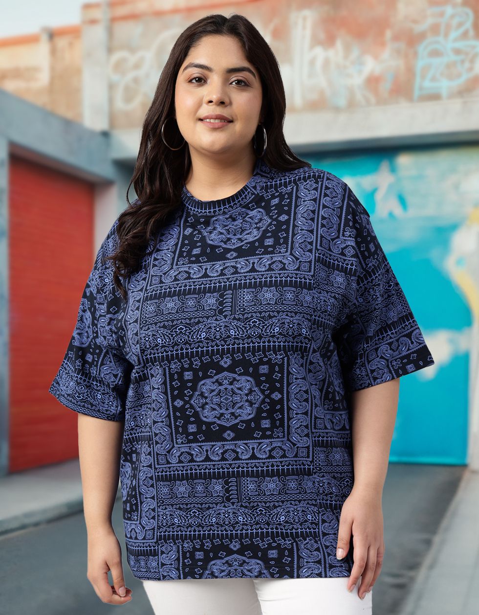 juneberry Plus Size Women Printed Round Neck Pure Cotton Dark Blue T-Shirt-picture-10