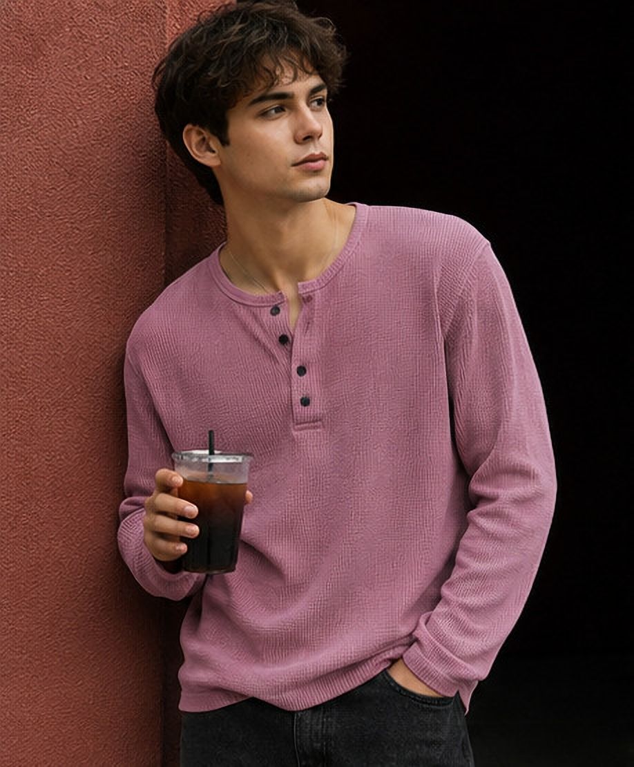 nook Men Self Design Henley Neck Cotton Blend Pink T-Shirt-picture-14