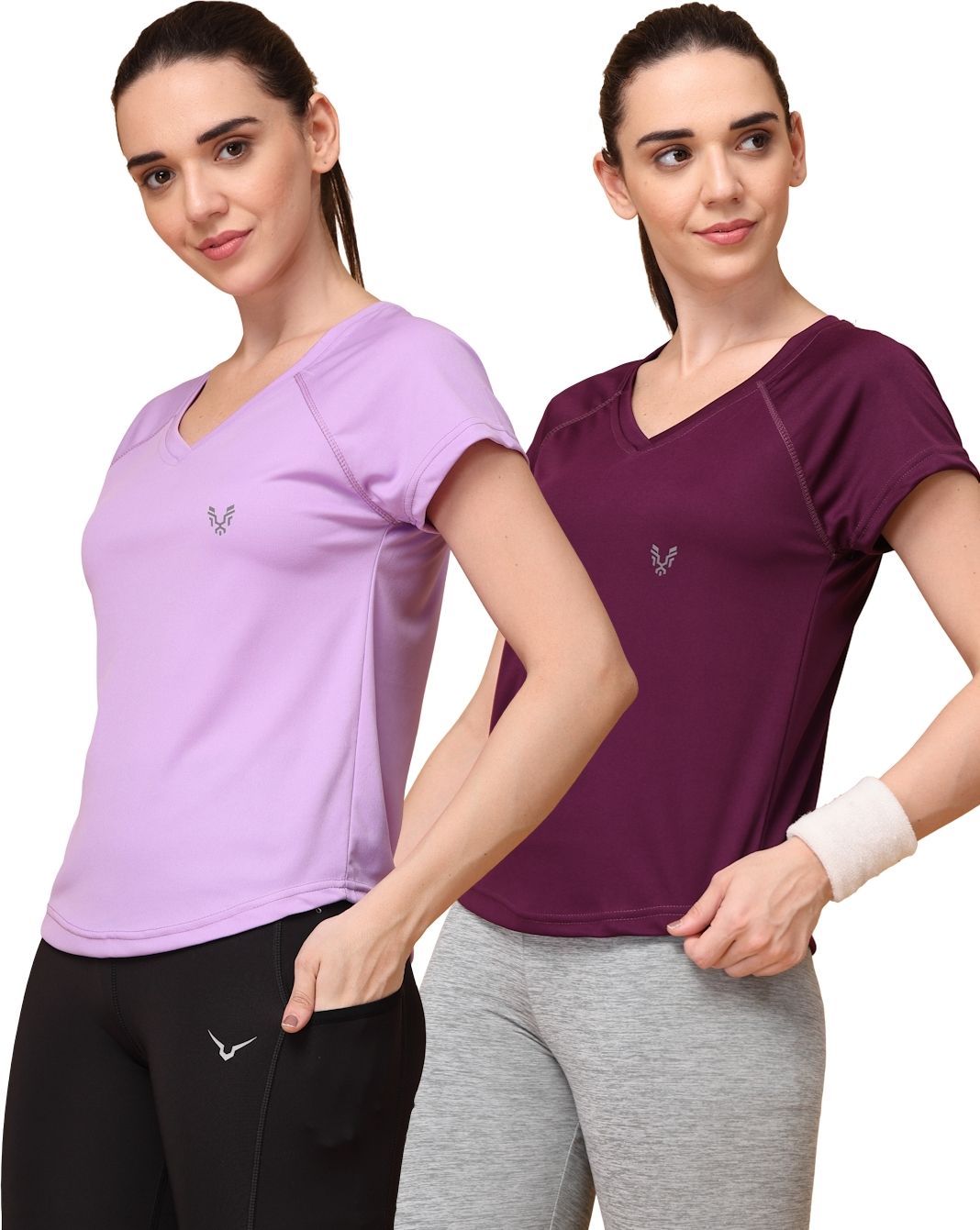 Pack of 2 Women Sporty V Neck Polyester Maroon, Purple T-Shirt-image-28