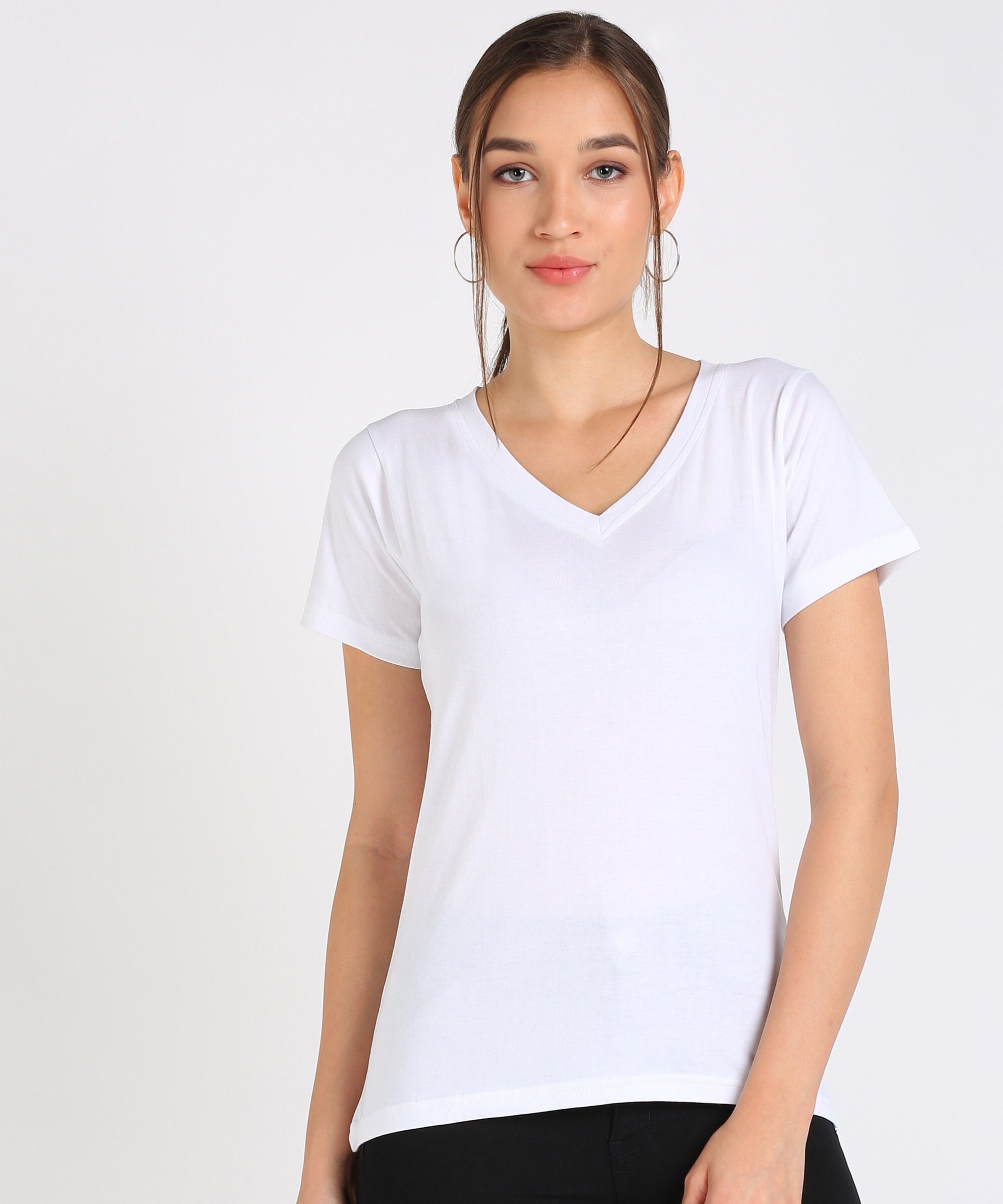 vahson Women Solid V Neck Pure Cotton White T-Shirt-picture-35