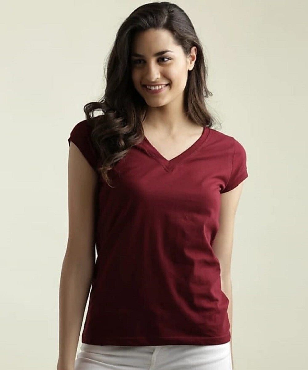 smd enterprise Women Solid V Neck Cotton Blend Maroon T-Shirt-picture-36