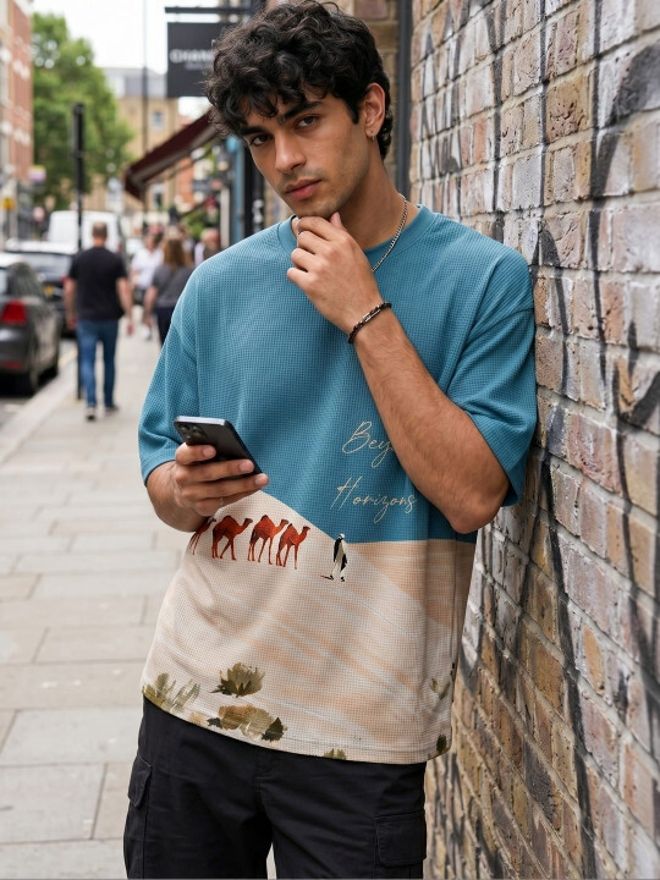 Men Abstract Crew Neck Cotton Blend Blue T-Shirt-image-43