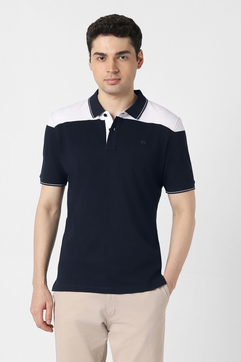 peter england Men Colorblock Polo Neck Pure Cotton Dark Blue T-Shirt-picture-30