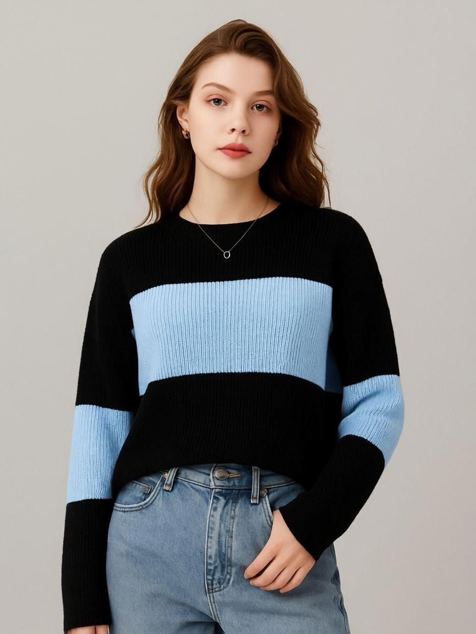 amrutiya style Women Colorblock Round Neck Cotton Blend Blue, Black T-Shirt-picture-13