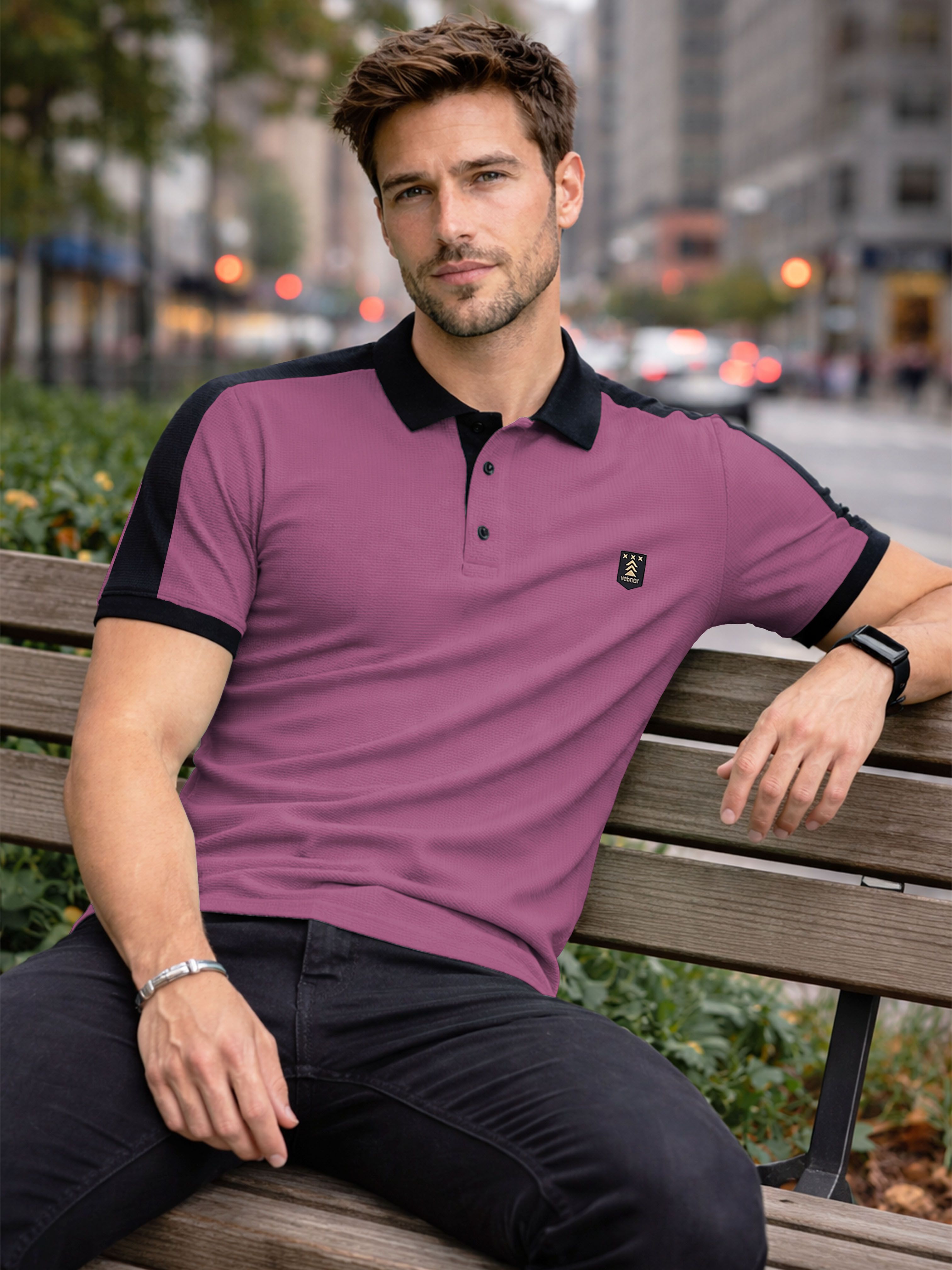 vebnor Men Colorblock Polo Neck Polyester Purple T-Shirt-picture-38