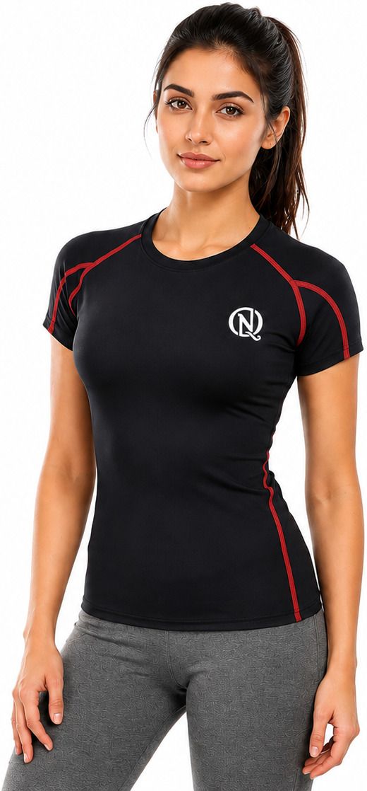Women Striped Round Neck Nylon Black, Red T-Shirt-image-3