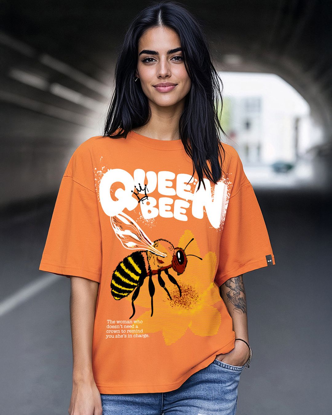 Oversized Women Graphic Print Round Neck Pure Cotton Orange T-Shirt-image-42