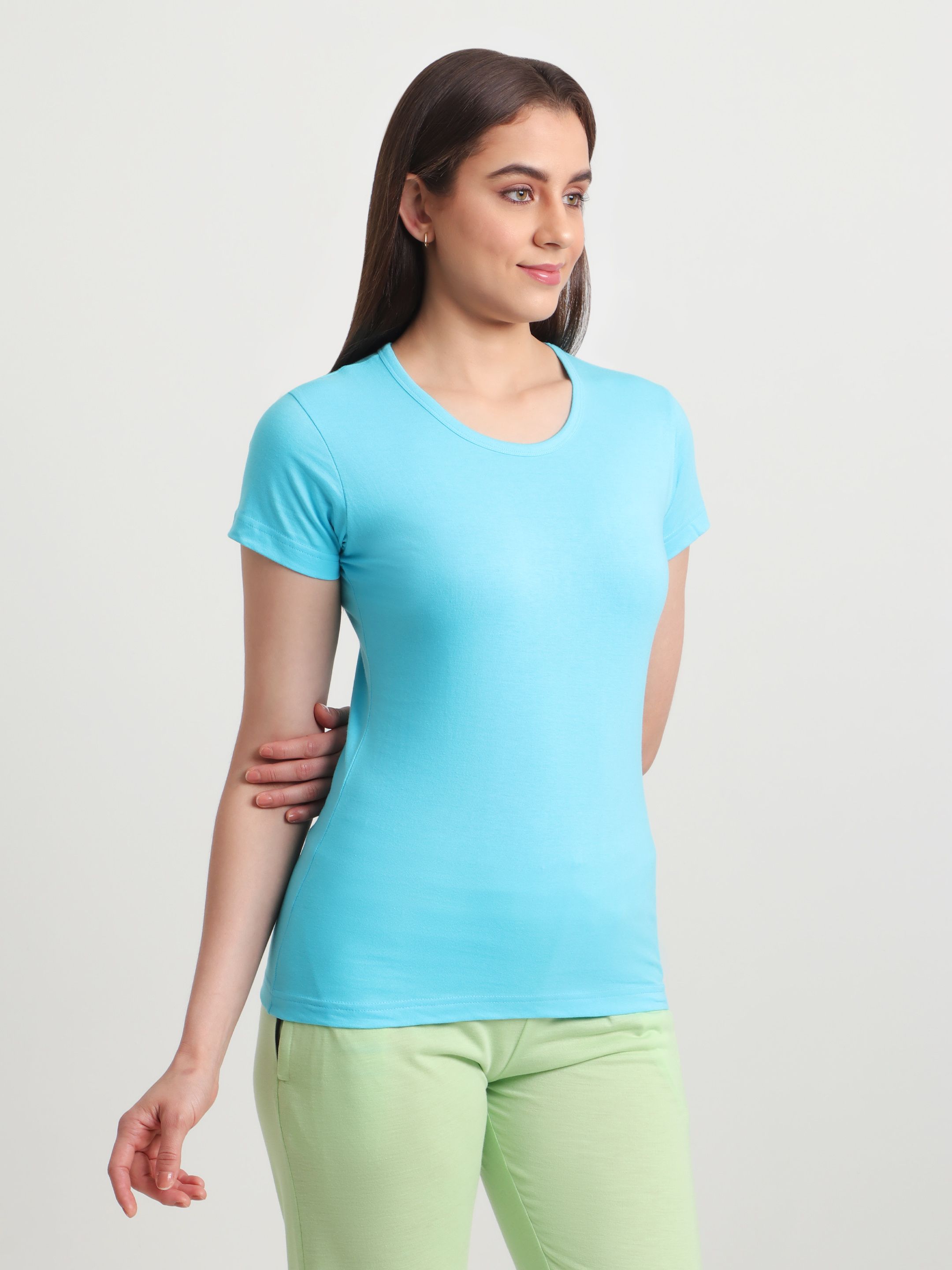 global nomad Women Solid Round Neck Cotton Blend Blue T-Shirt-picture-42