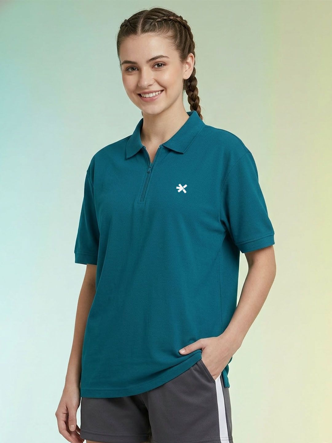 Women Solid Polo Neck Polyester Blue T-Shirt-image-36