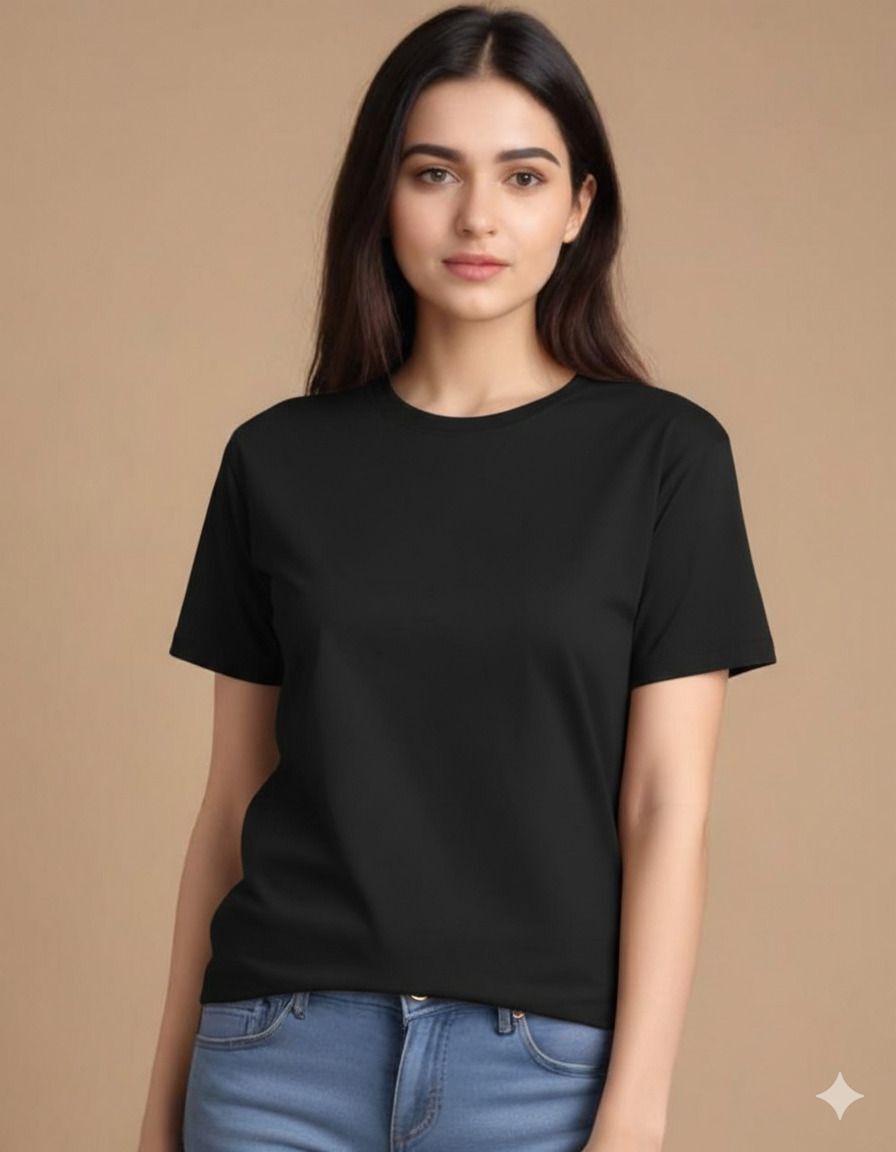 lcyflame Women Solid Round Neck Cotton Blend Black T-Shirt-picture-14