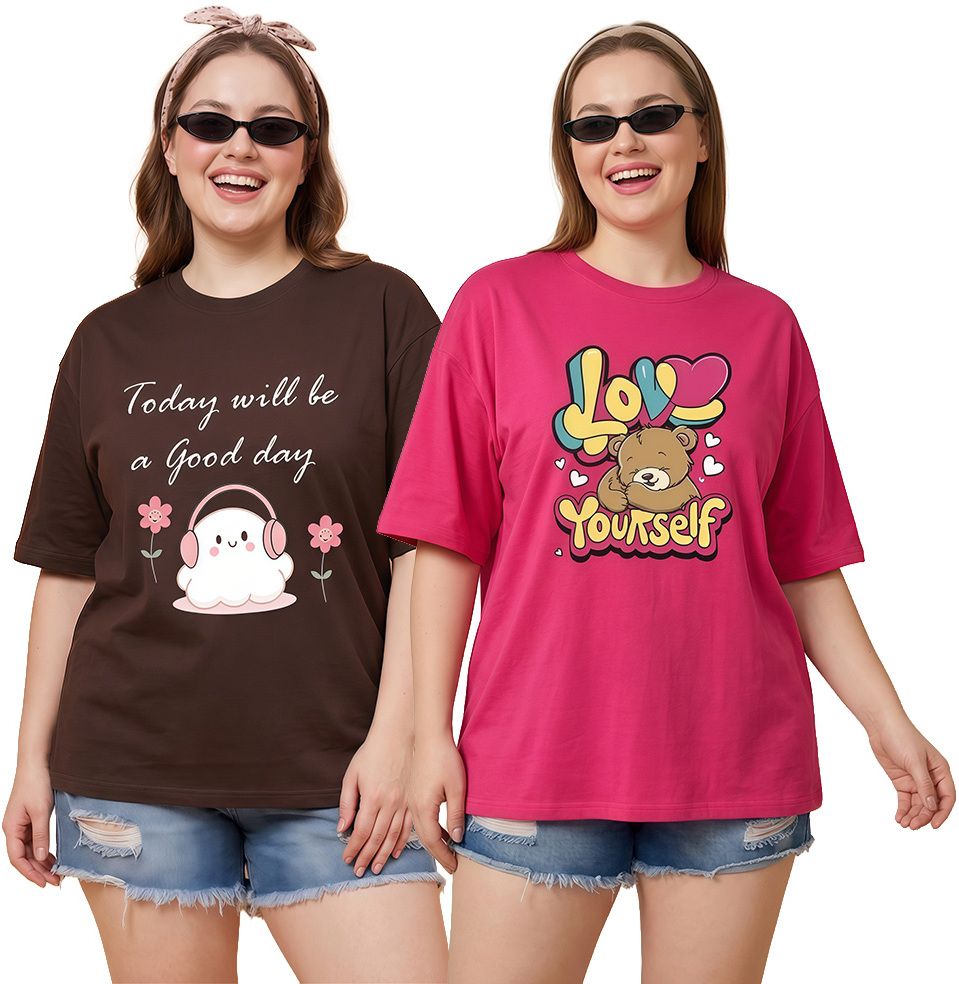 shonisha Pack of 2 Women Printed Round Neck Pure Cotton Brown, Pink T-Shirt-picture-10