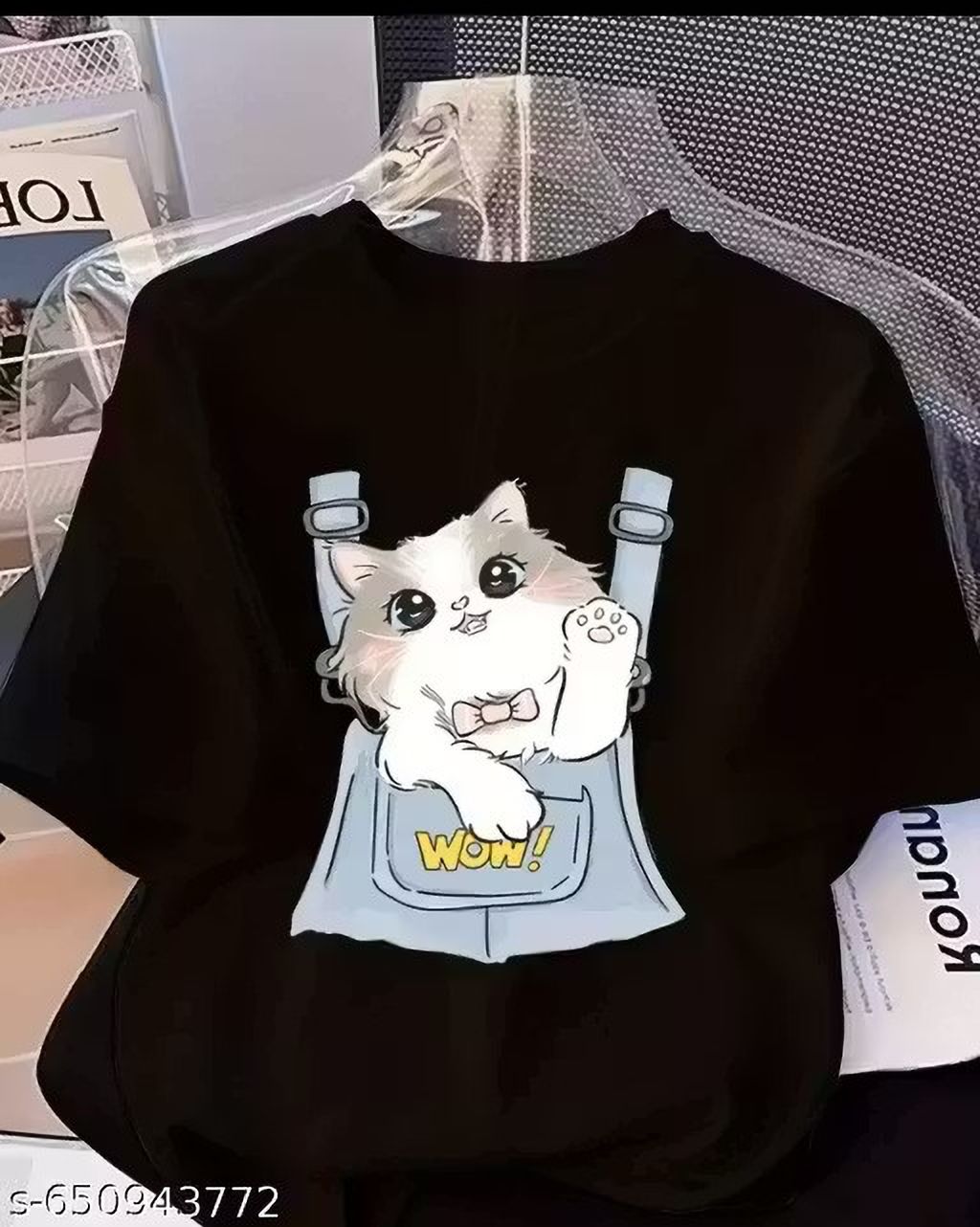losache Women Cartoon, Graphic Print Round Neck Cotton Blend Black T-Shirt-picture-17