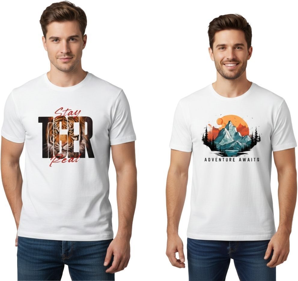 Pack of 2 Men Graphic Print Round Neck Cotton Blend White T-Shirt-image-5