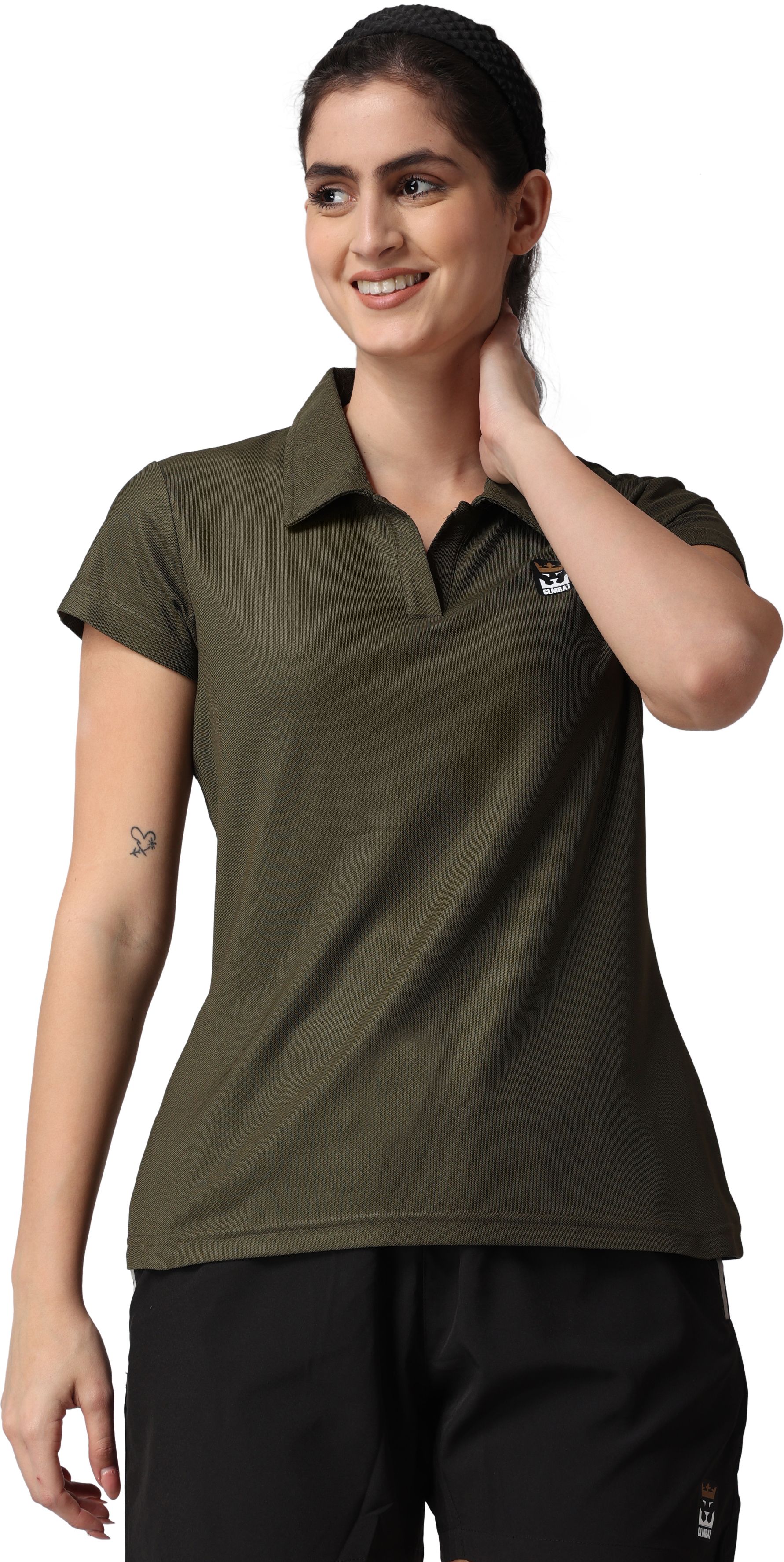 Women Self Design Polo Neck Polyester Dark Green T-Shirt-image-44