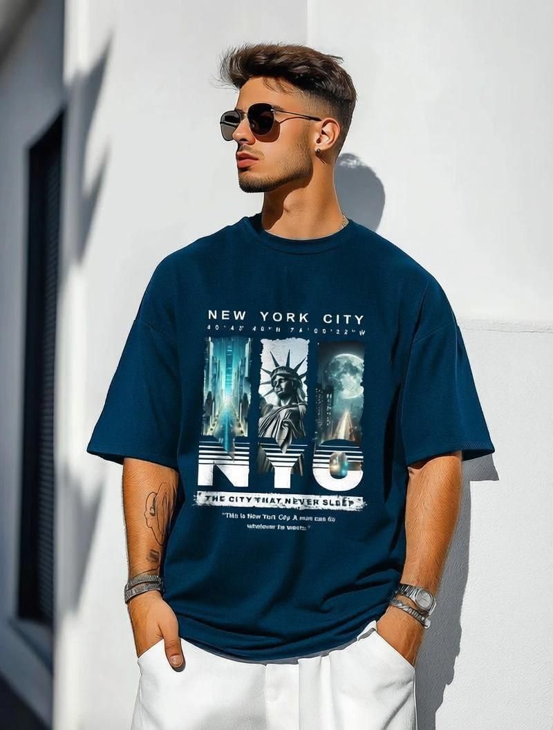 Men Printed Round Neck Reversible Polyester Blue T-Shirt-image-39