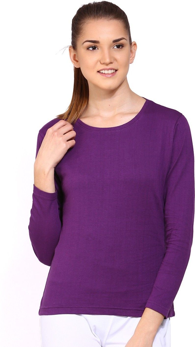 Women Solid Round Neck Pure Cotton Purple T-Shirt-image-31