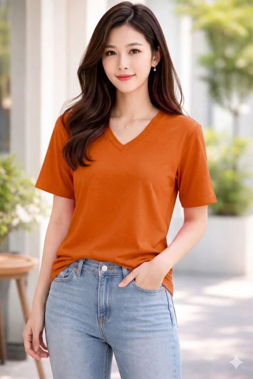 smart colors Women Solid V Neck Cotton Blend Orange T-Shirt-picture-21