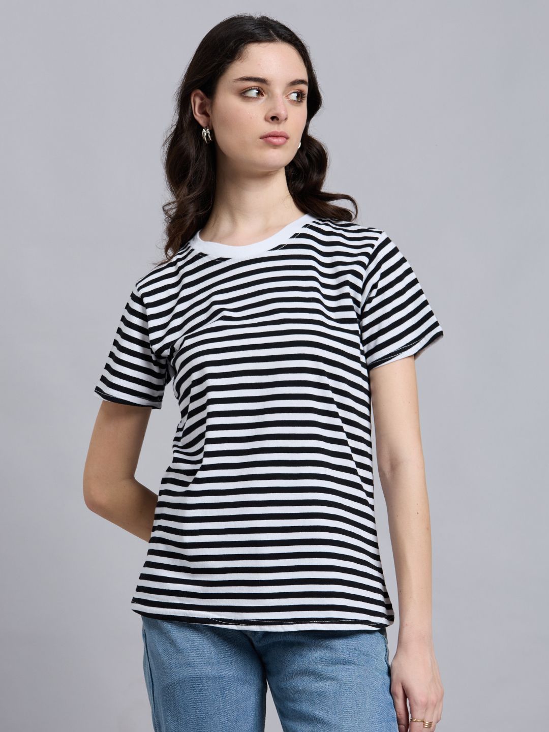 Women Striped Round Neck Pure Cotton Black T-Shirt