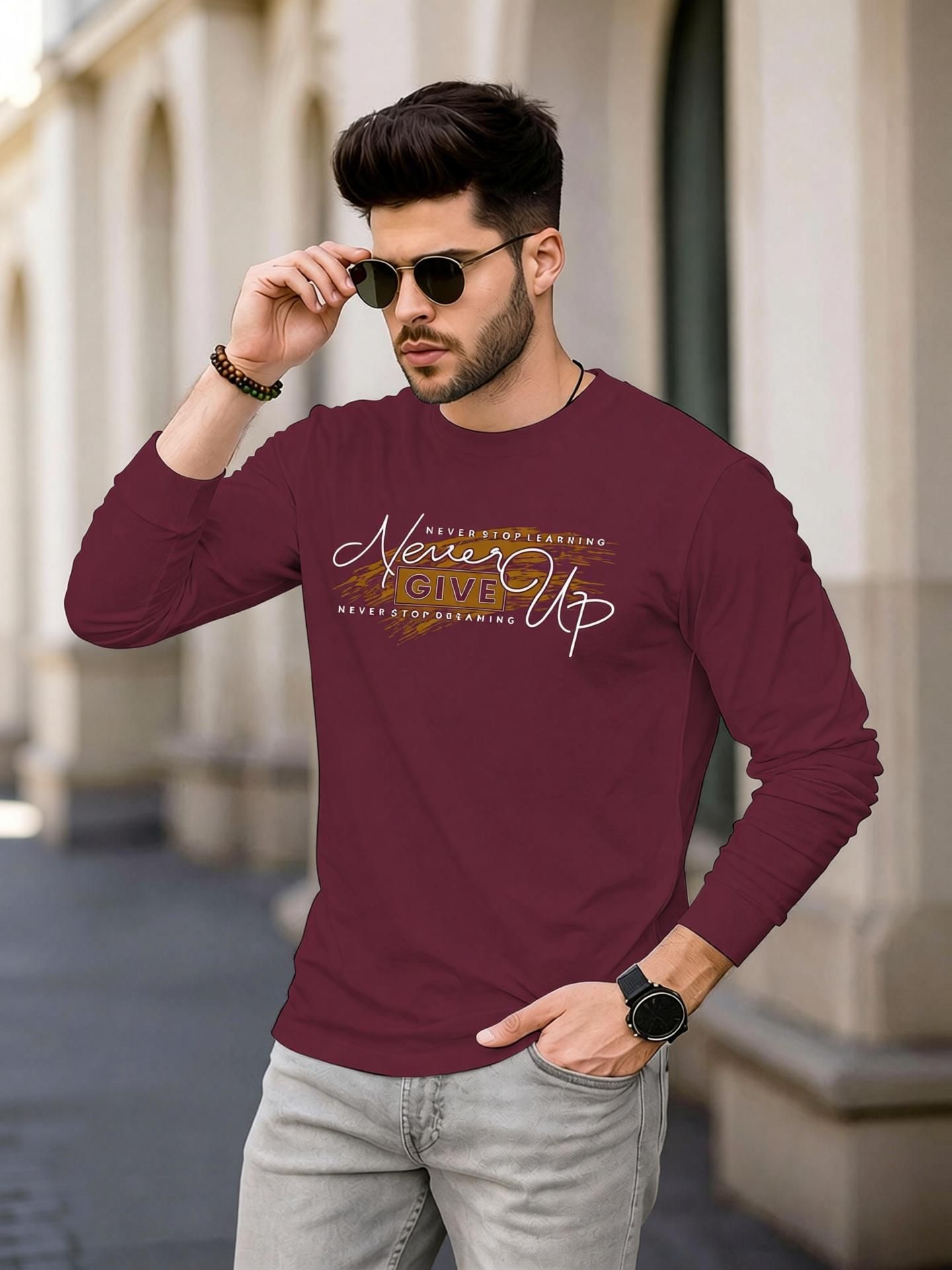 Men Printed Round Neck Cotton Blend Maroon T-Shirt-image-32