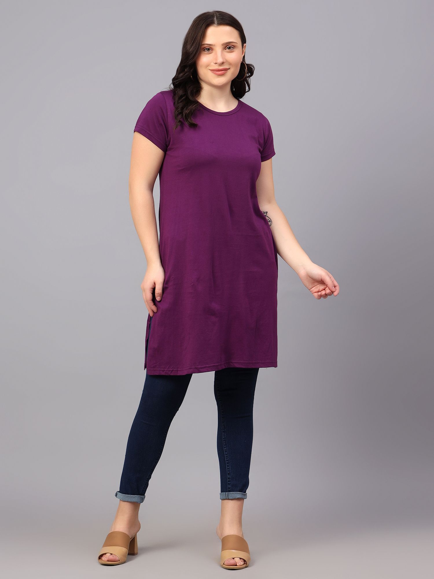 Women Solid Round Neck Pure Cotton Purple T-Shirt-image-29
