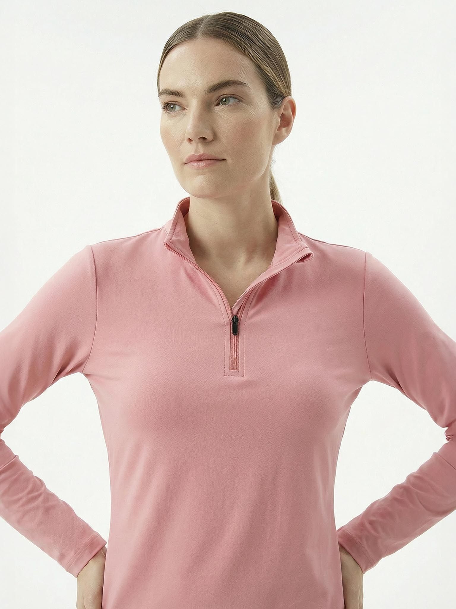 Women Solid High Neck Polyester Pink T-Shirt-image-43