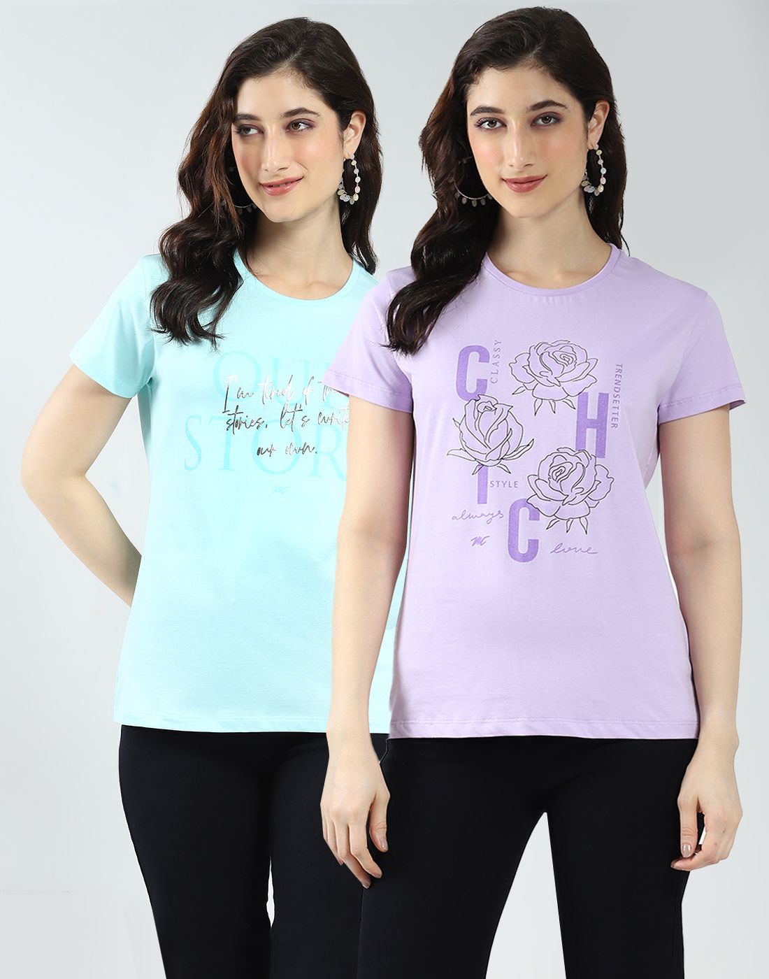 monte carlo Pack of 2 Women Printed Round Neck Pure Cotton Blue T-Shirt-picture-12