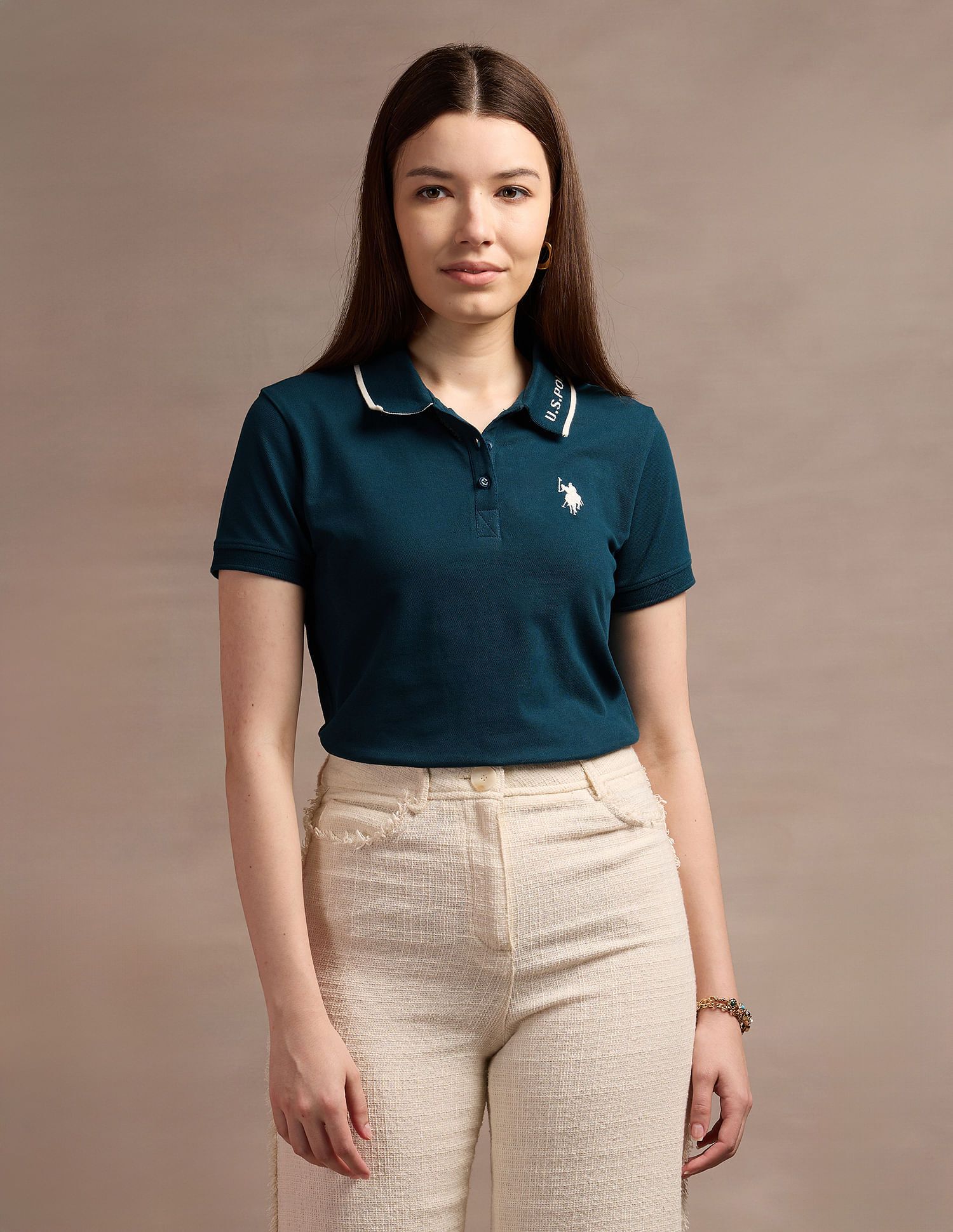 u.s. polo assn. Women Solid Polo Neck Cotton Blend Blue T-Shirt-picture-13
