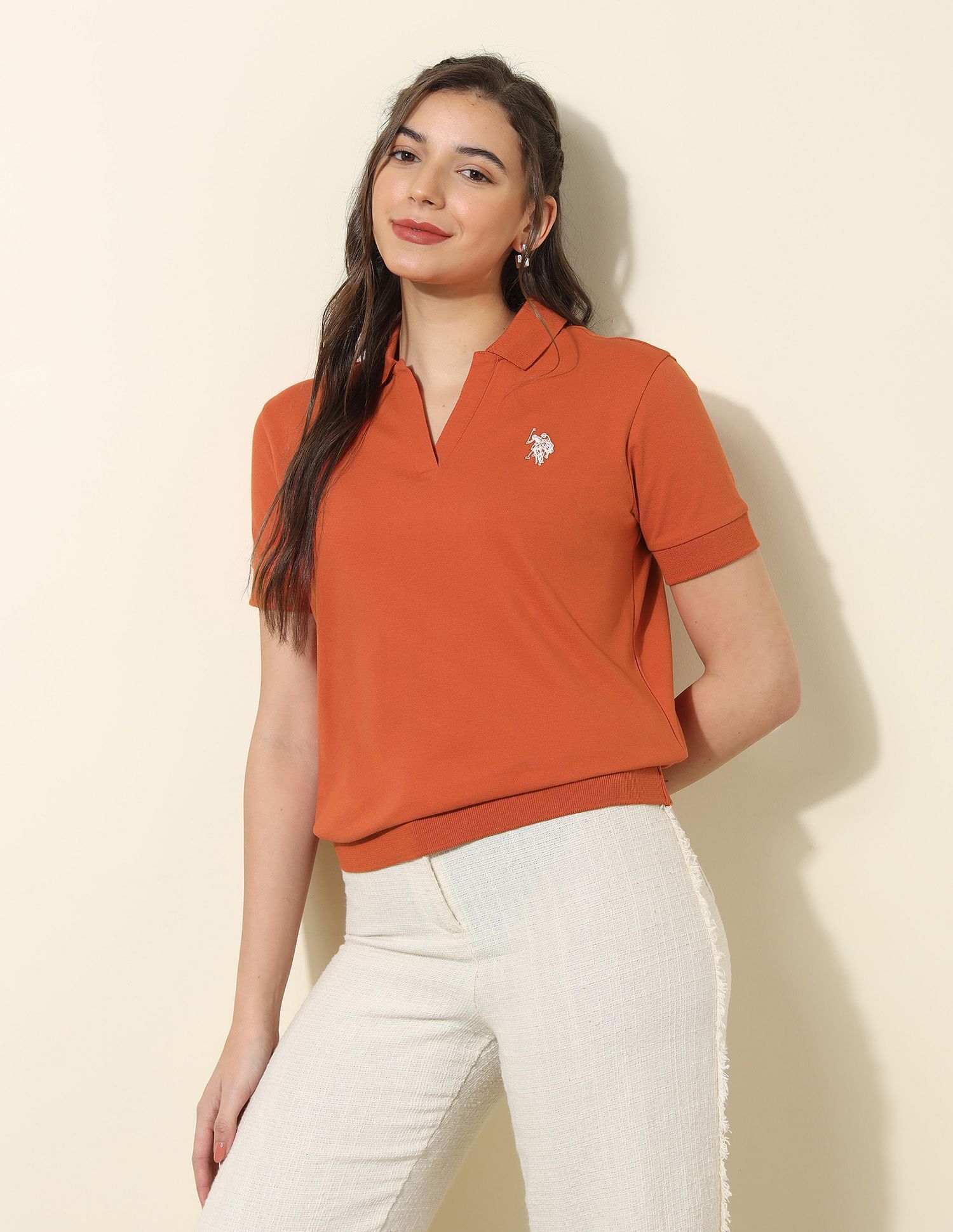 u.s. polo assn. Women Solid Polo Neck Cotton Blend Brown T-Shirt-picture-26