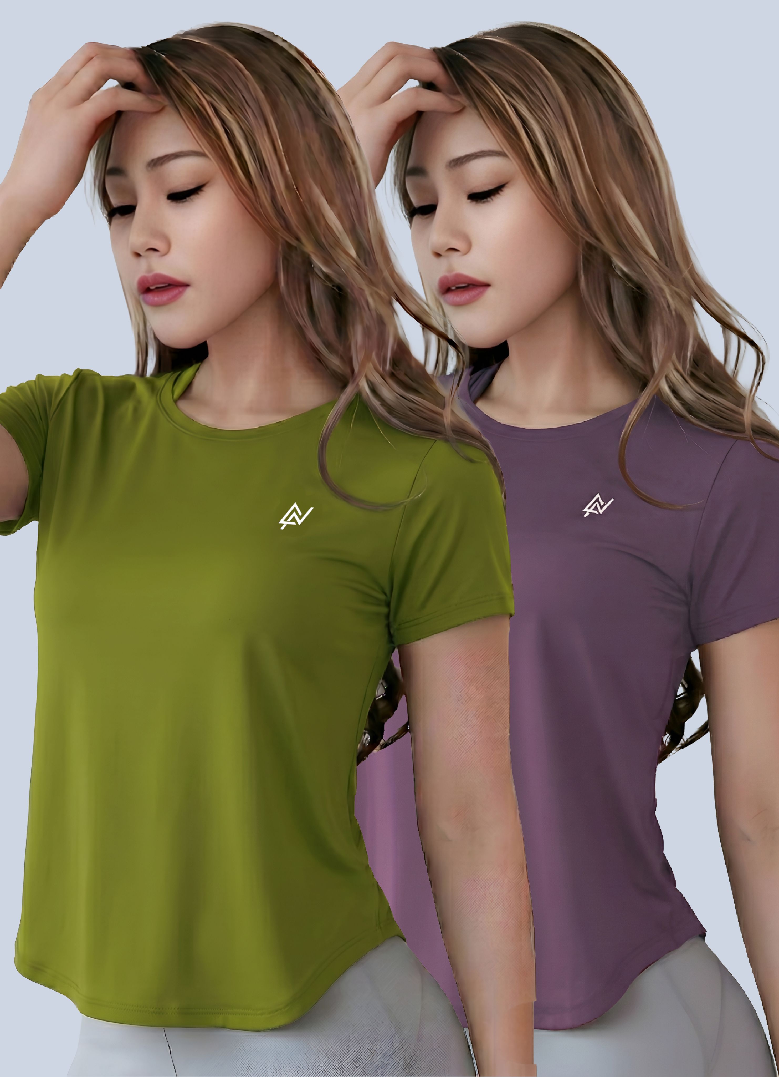 Pack of 2 Women Solid Round Neck Polyester Green, Purple T-Shirt-image-12