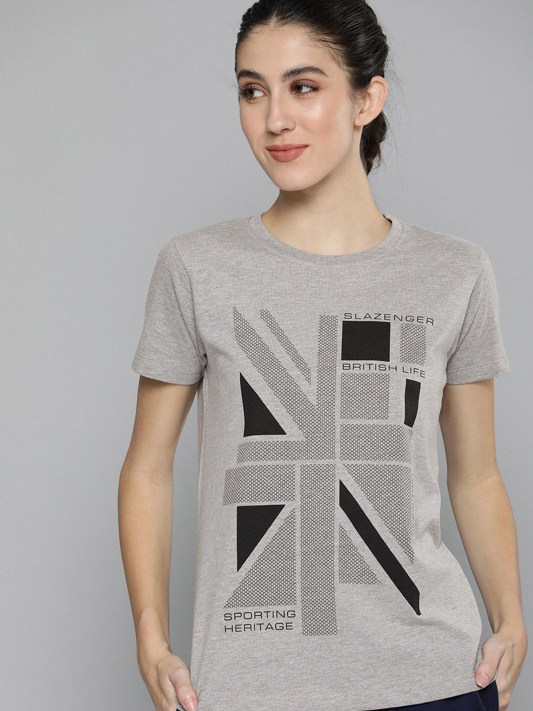 slazenger Women Printed Round Neck Polyester Grey T-Shirt-picture-7