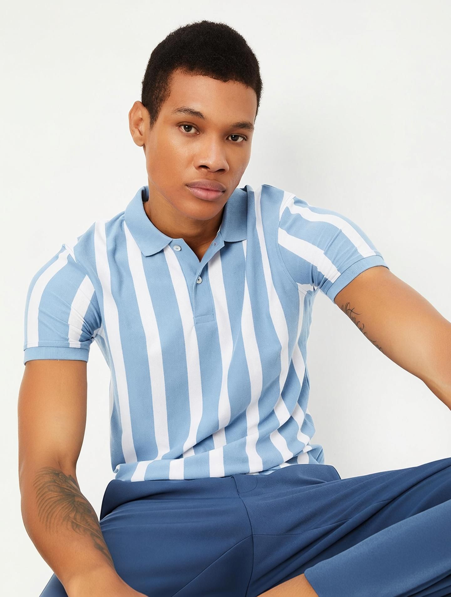 Men Striped Polo Neck Cotton Blend Blue T-Shirt-image-9
