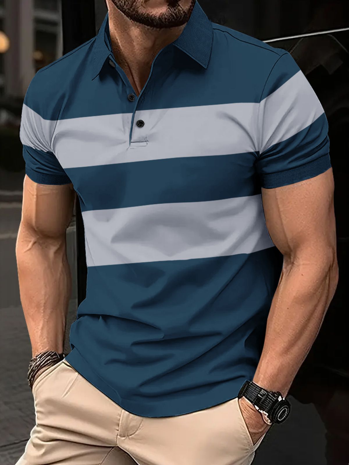 eyebogler Men Striped Polo Neck Cotton Blend Blue T-Shirt-picture-10