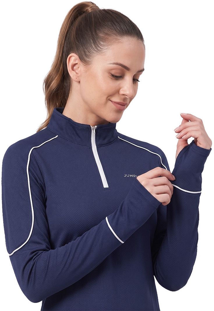 Women Solid Zip Neck Polyester Navy Blue T-Shirt-image-49