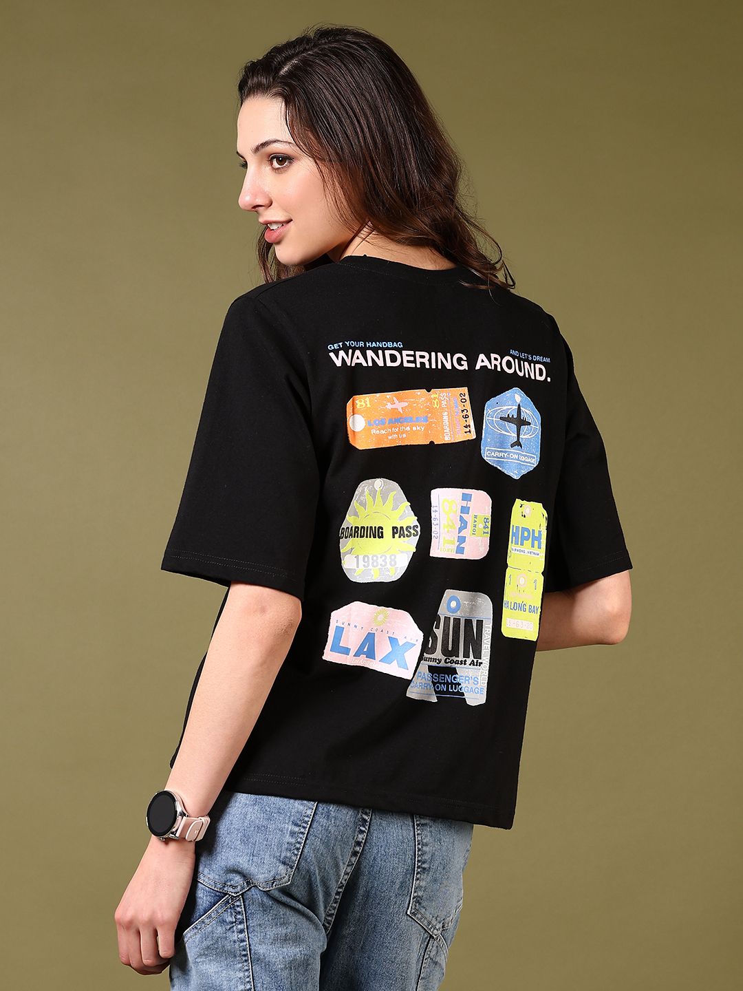 Women Printed Round Neck Cotton Blend Black T-Shirt-image-46