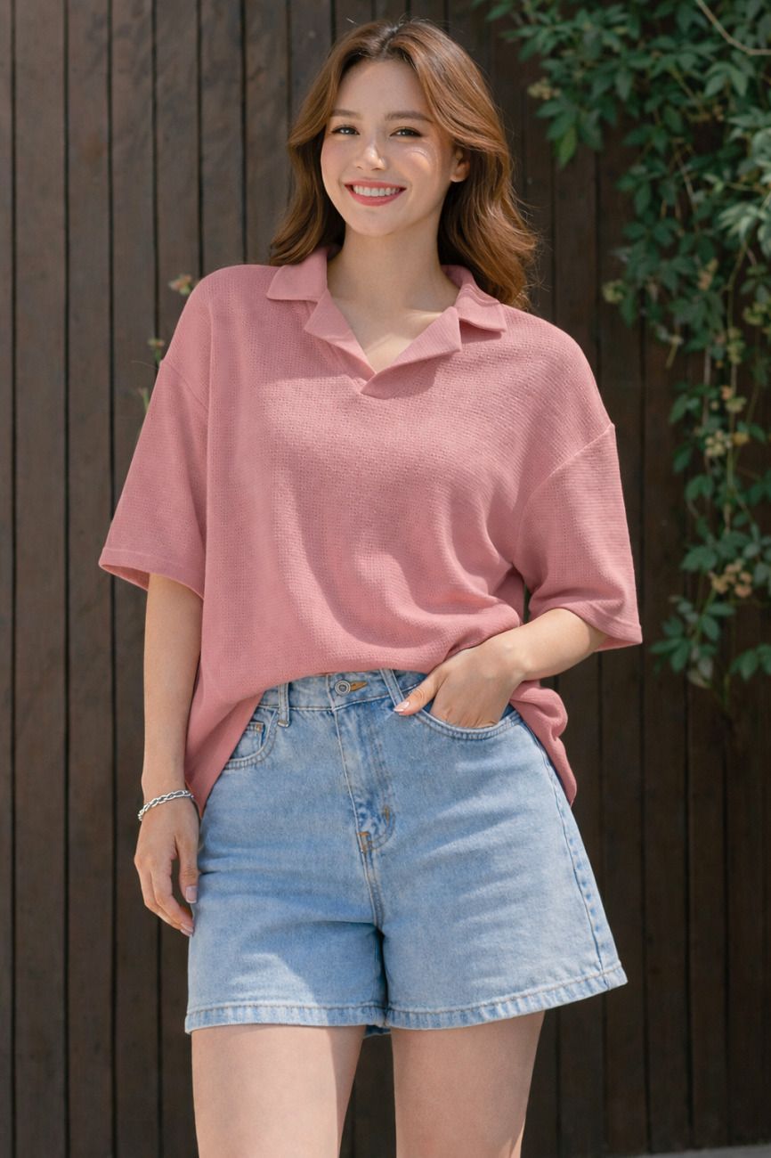 zilcon Women Solid Polo Neck Wool Blend Pink T-Shirt-picture-11