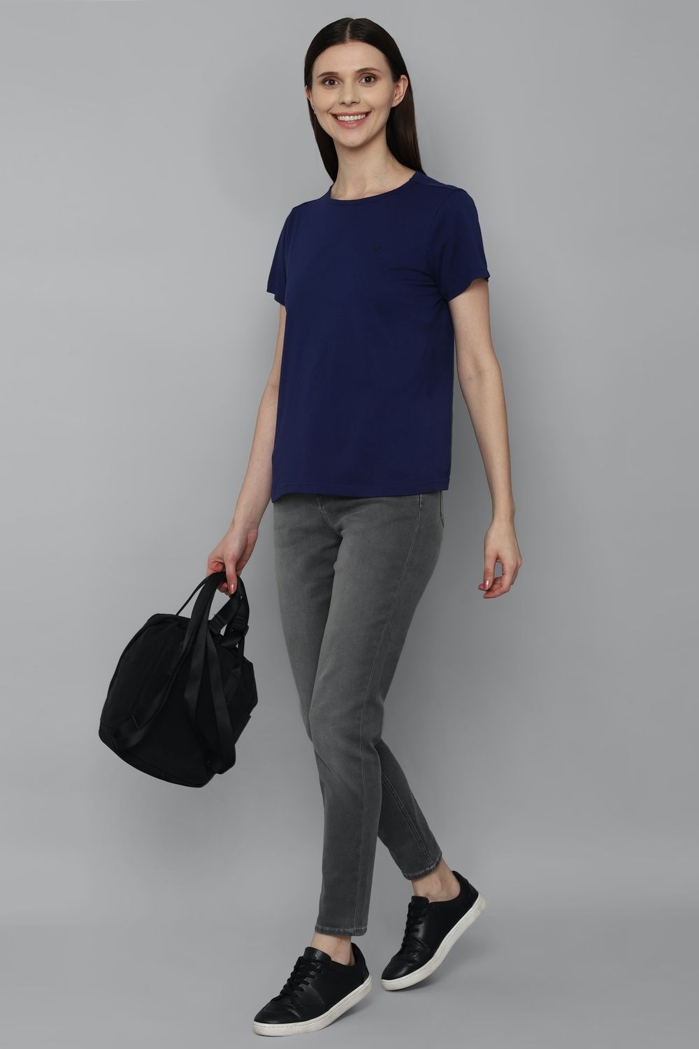 allen solly Women Solid Round Neck Pure Cotton Dark Blue T-Shirt-picture-11