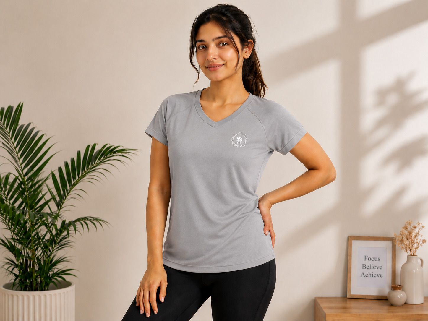 duyoura Women Solid V Neck Cotton Blend Grey T-Shirt-picture-31