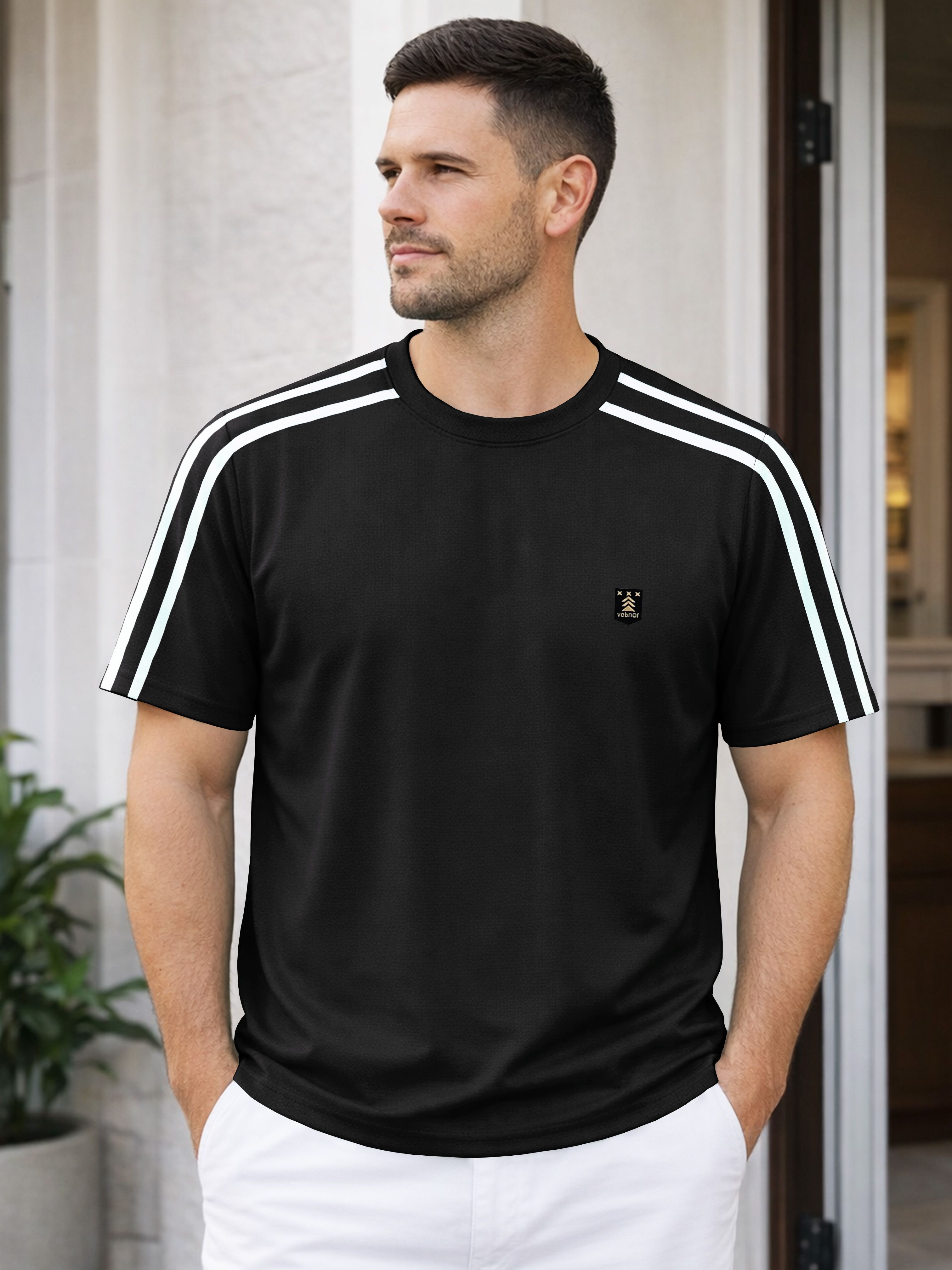 Men Striped Round Neck Polyester Black T-Shirt-image-16