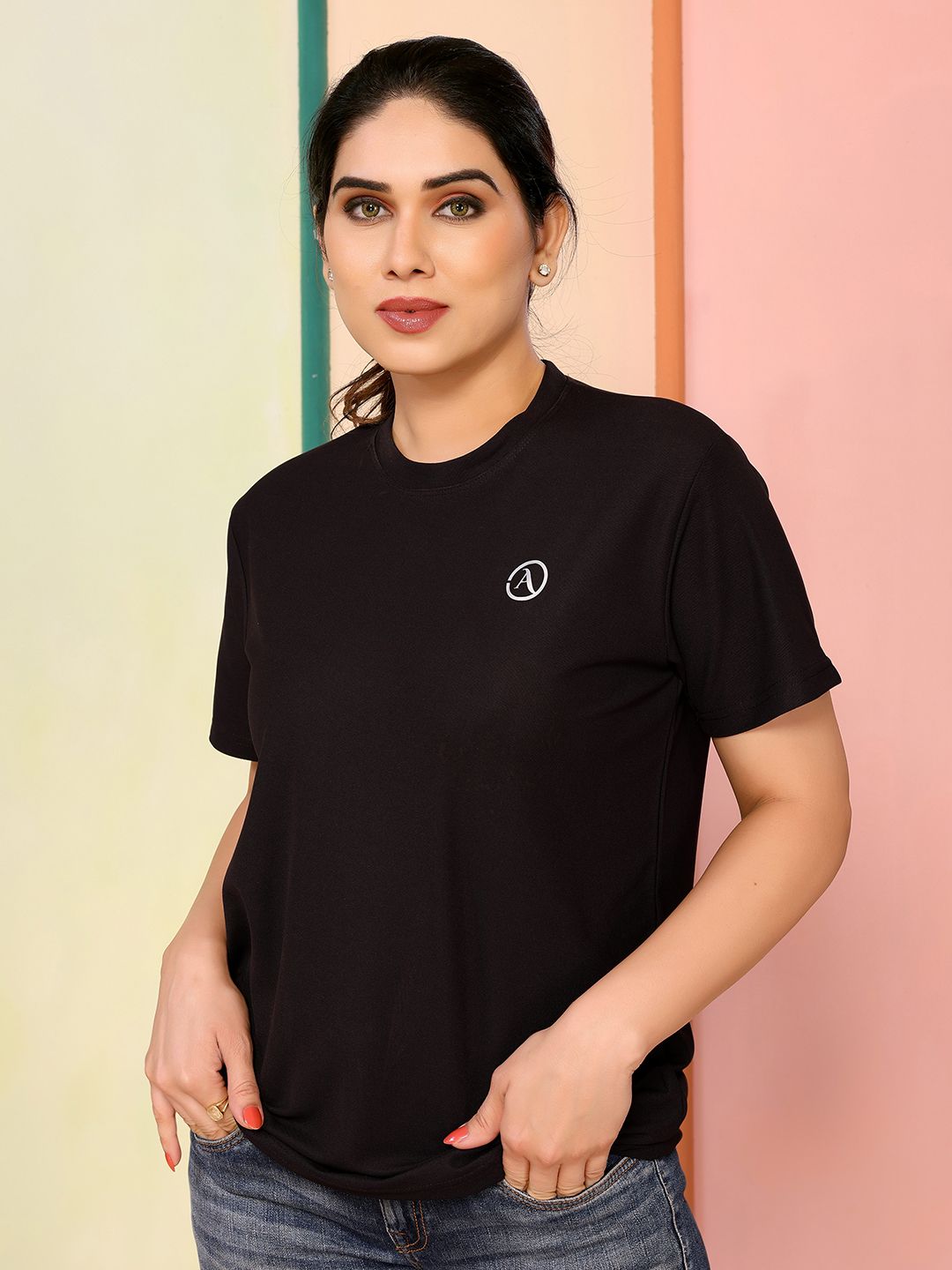 Women Solid Round Neck Polyester Black T-Shirt-image-33