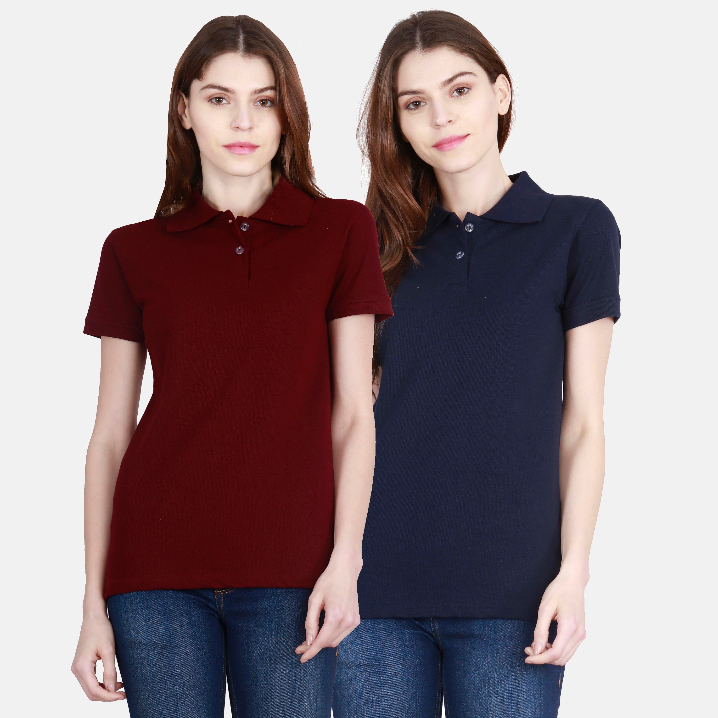Pack of 2 Women Solid Polo Neck Pure Cotton Dark Blue, Maroon T-Shirt-image-18