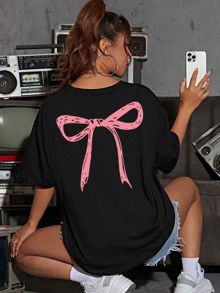 Women Graphic Print Round Neck Cotton Blend Black, Pink T-Shirt-image-5