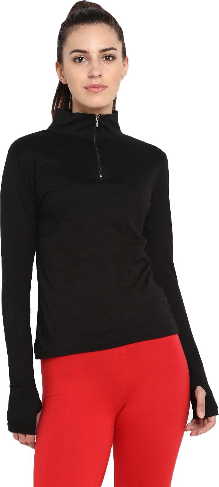 Women Solid High Neck Pure Cotton Black T-Shirt-image-36