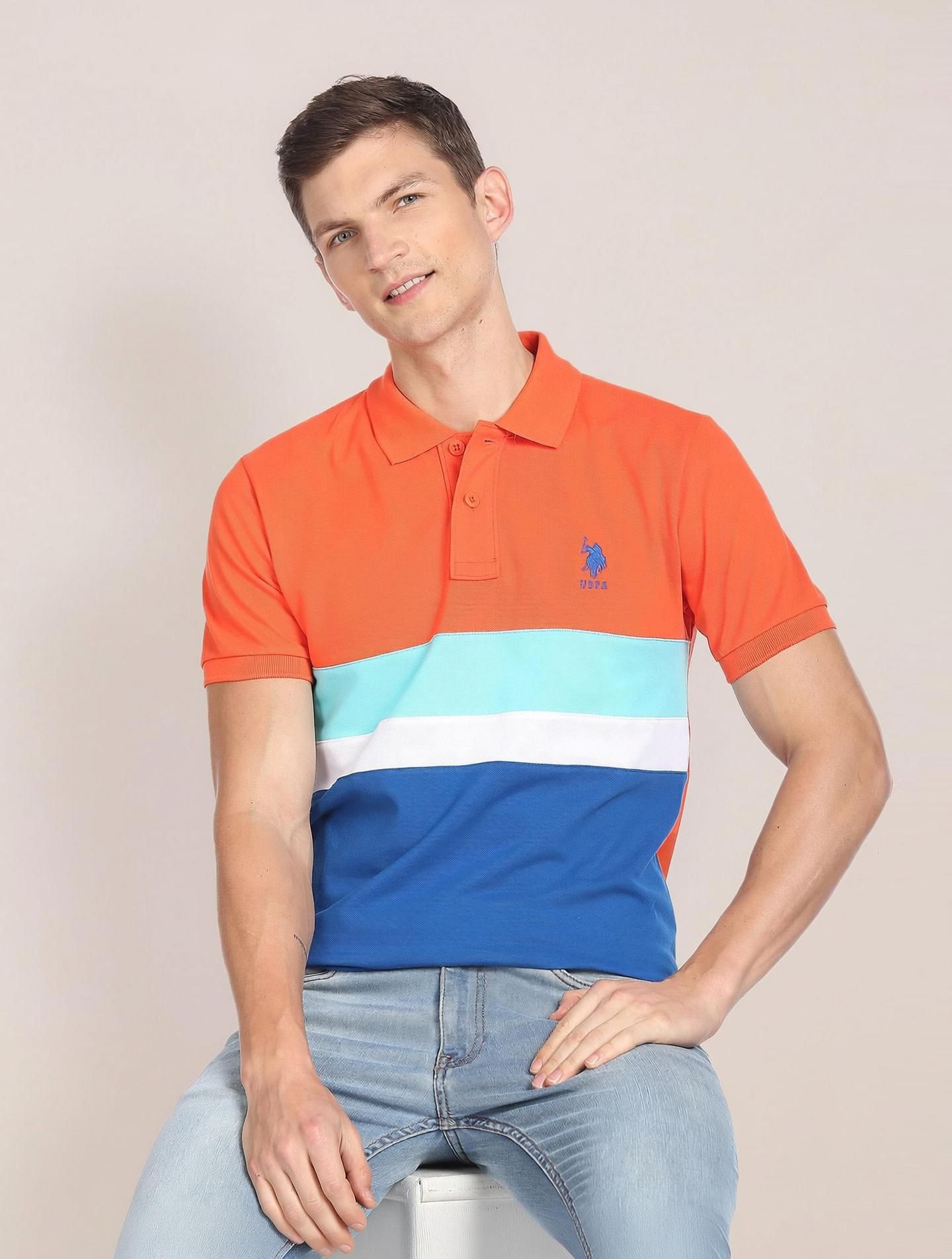 u.s. polo assn. Men Colorblock Polo Neck Pure Cotton Orange T-Shirt-picture-12