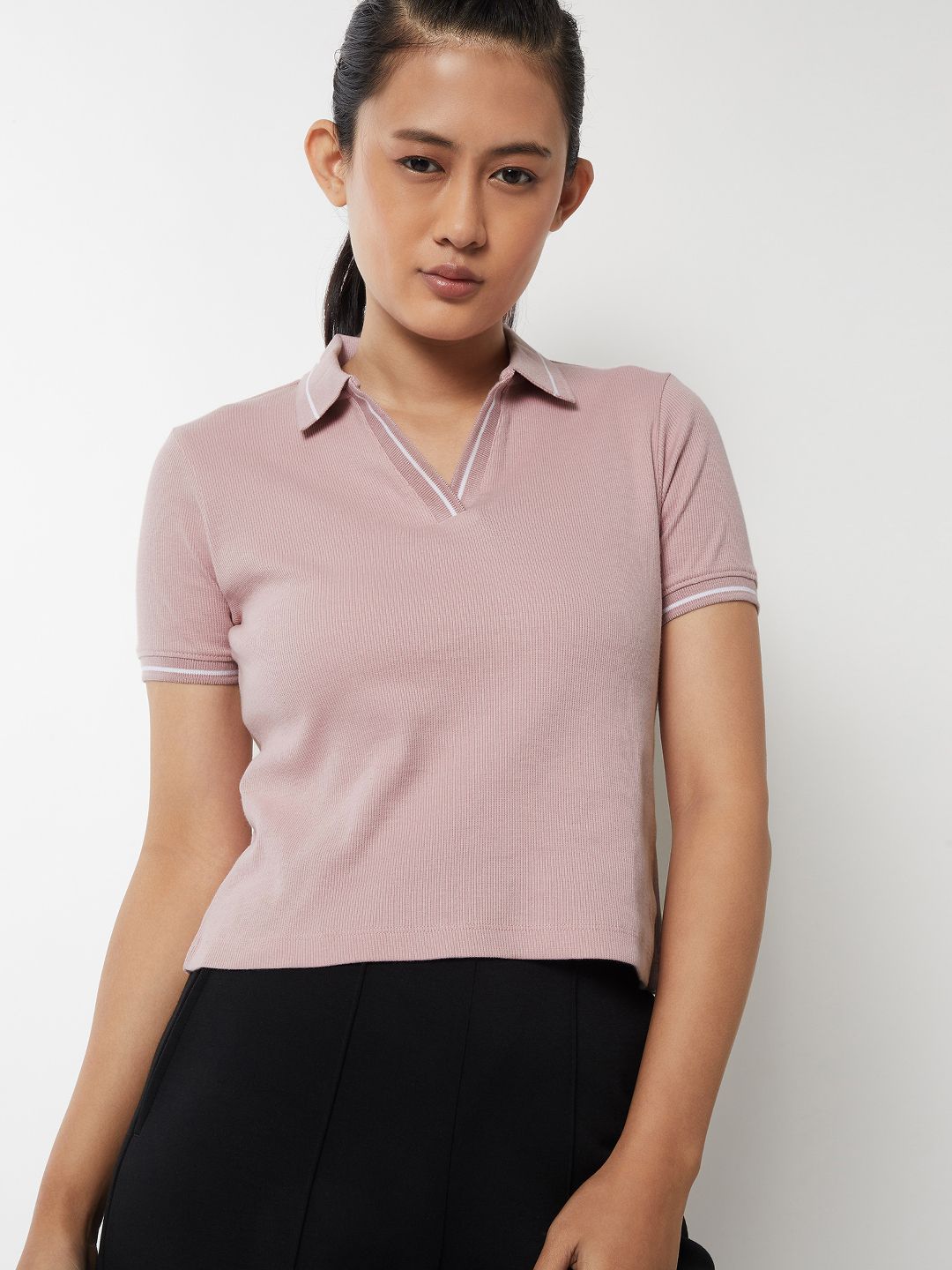 max Women Solid Polo Neck Cotton Blend Pink T-Shirt-picture-10
