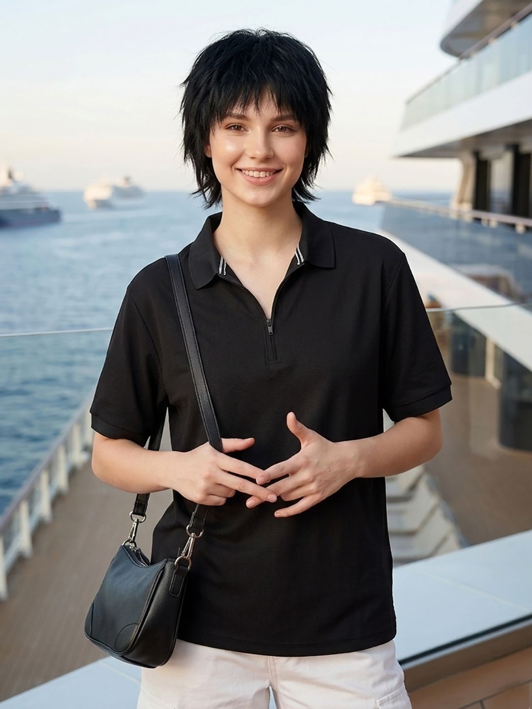 Women Self Design Polo Neck Cotton Blend Black T-Shirt-image-25