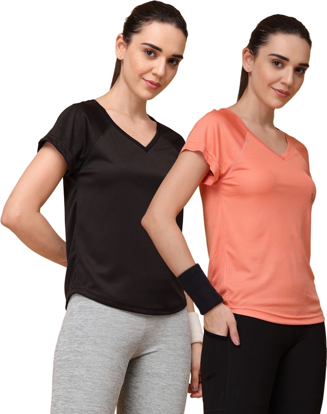 Pack of 2 Women Sporty V Neck Polyester Black, Orange T-Shirt-image-20