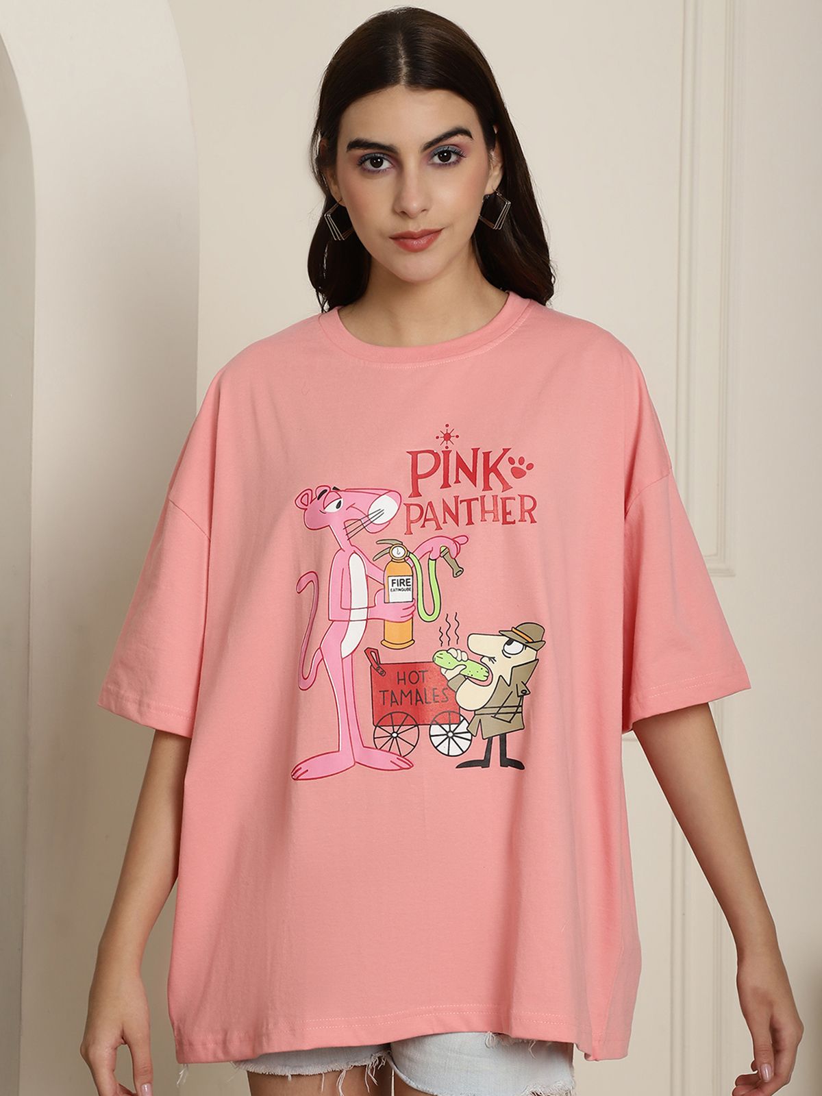 dreambe Women Printed Round Neck Pure Cotton Pink T-Shirt-picture-18