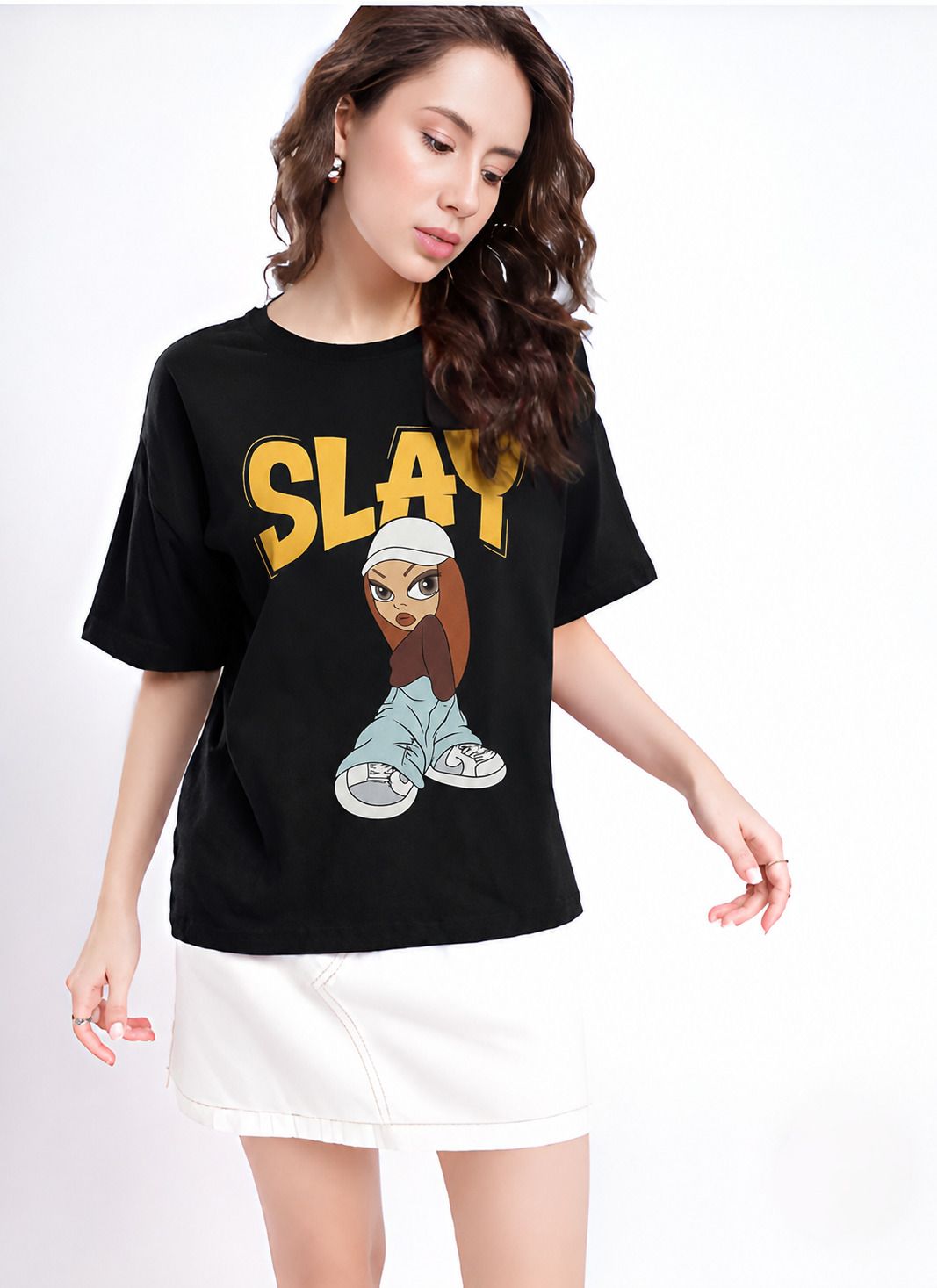 fabflee Women Printed Round Neck Cotton Blend Black T-Shirt-picture-21